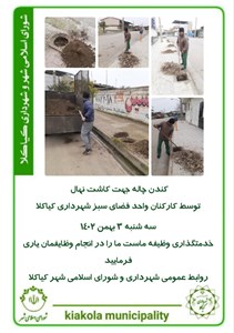کندن چاله جهت کاشت نهال توسط کارکنان واحد فضای سبز شهرداری کیاکلا