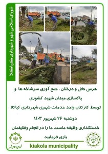 هرس نخل و درختان ، جمع آوری سرشاخه ها و پاکسازی میدان شهید کشوری